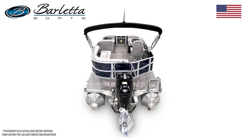 Slide: The Image of Barletta Aria 20L 2026 pontoon boat with motor and seating area. - 3