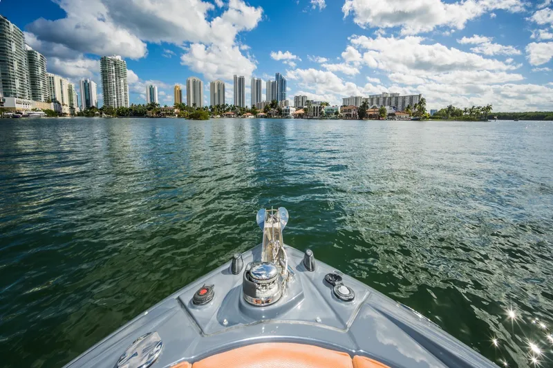 Slide: The Image of 2017 Cruisers Sport Series 298 Bow Rider on water, city skyline in background. - 27