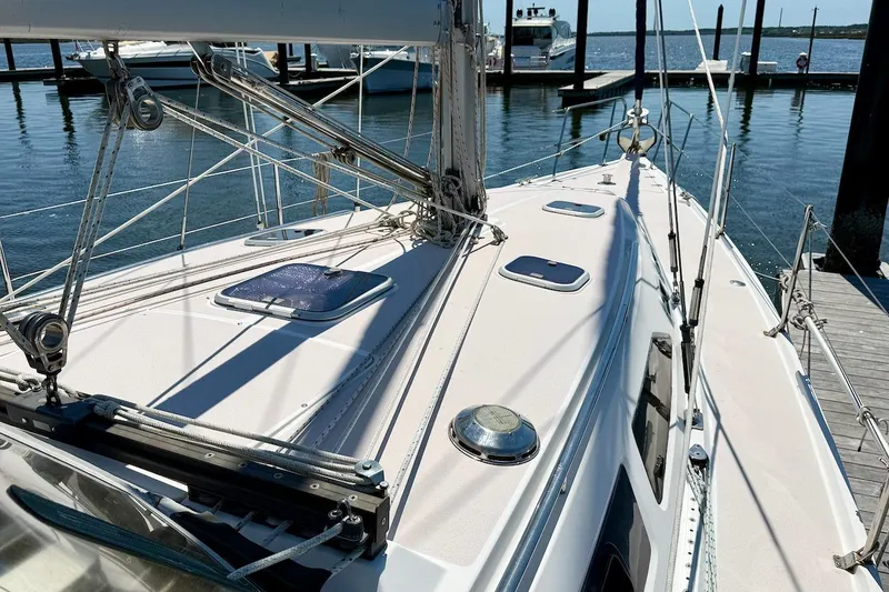 Slide: The Image of Sailboat deck view of 1998 Catalina 380 docked at marina. - 10