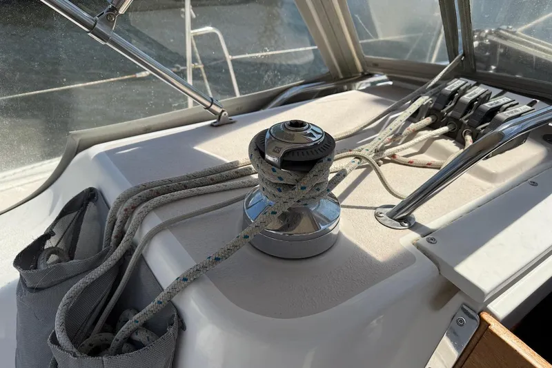 Slide: The Image of Close-up of a Catalina 380 sailboat's winch and ropes, 1998 model. - 16