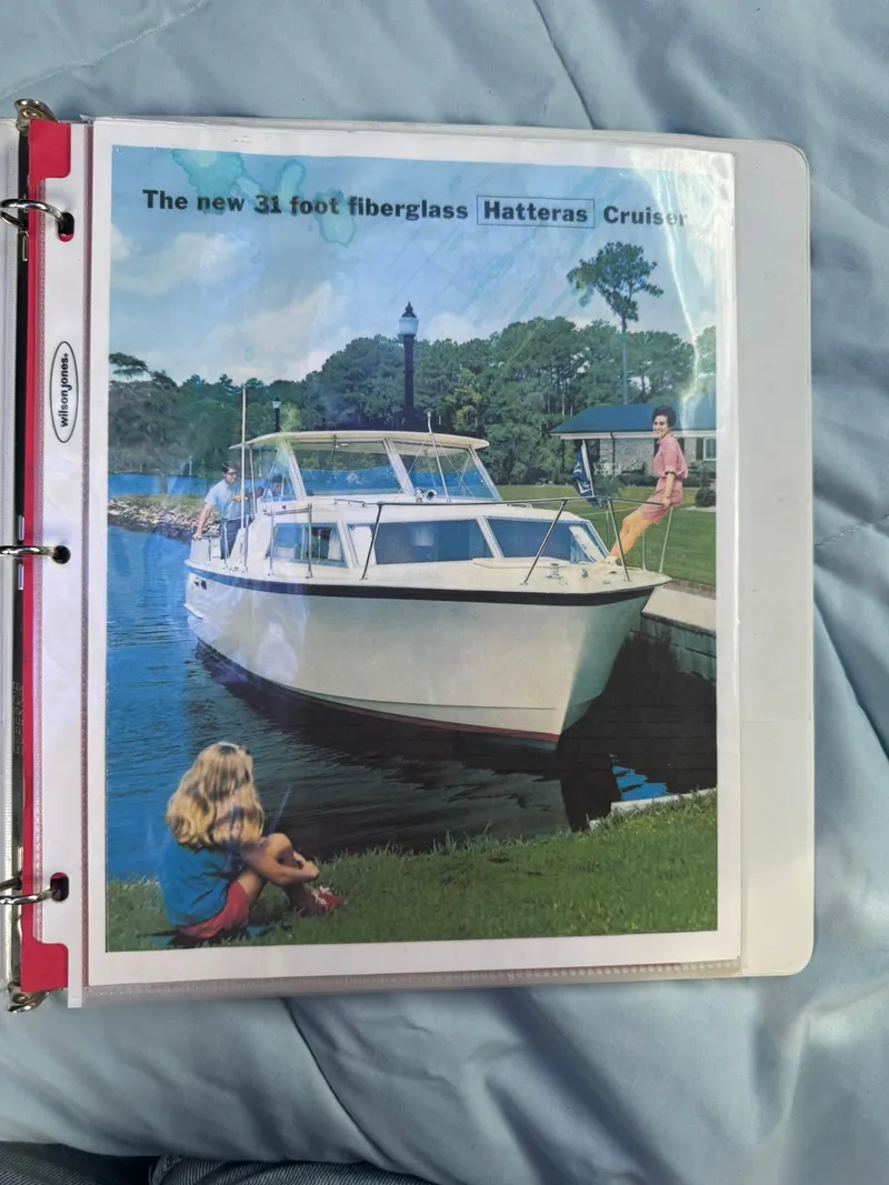 Slide: The Image of 1968 Hatteras 31 Flybridge boat docked with people nearby. - 24
