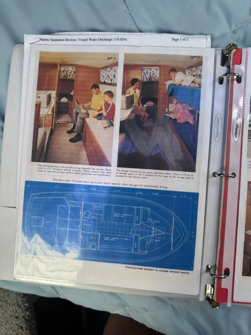 Slide: The Image of 1968 Hatteras 31 Flybridge brochure with interior views and floor plan. - 27