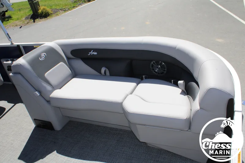 Slide: The Image of Barletta ARIA 22UC 2026, luxurious boat seating in gray leather. - 9