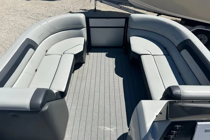 Slide: The Image of 2023 Viaggio Lago X-R 22 boat interior with gray seating and spacious layout. - 5