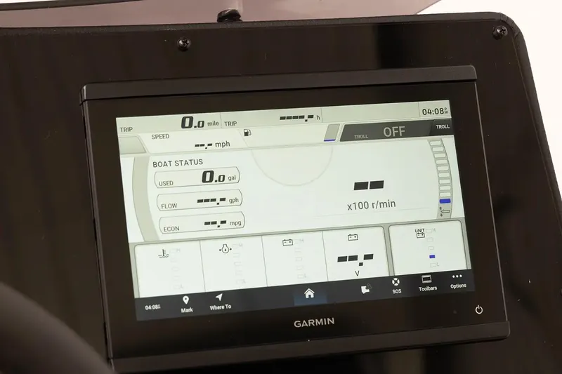 Slide: The Image of Garmin display on 2026 SunCatcher Elite 322SR showing boat status and trip information. - 12