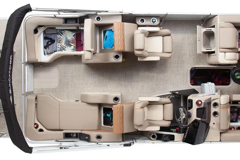 Slide: The Image of 2026 SunCatcher Elite 322SR pontoon boat interior with luxurious seating and modern amenities. - 16