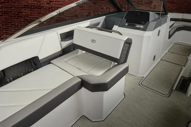 Slide: The Image of 2026 Cobalt R6 Outboard boat interior with white seating and modern design. - 15