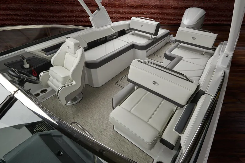 Slide: The Image of 2026 Cobalt R6 Outboard boat interior with sleek white seating and modern design. - 16