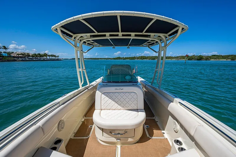 Slide: The Image of 2017 Chris-Craft Catalina 26 boat on clear blue water, featuring elegant seating and canopy. - 10