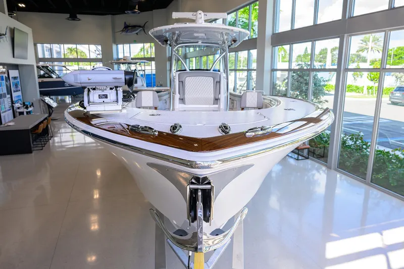 Slide: The Image of 2025 Valhalla Boatworks V-37 displayed indoors, showcasing sleek design and modern features. - 3