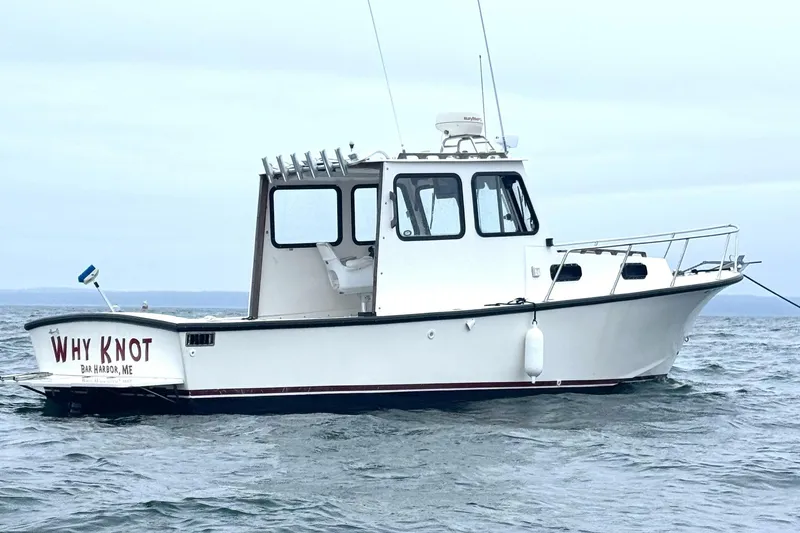 The Image of White Eastern Lobsterman 27 boat named "Why Knot" on the water, Bar Harbor, ME. - 0