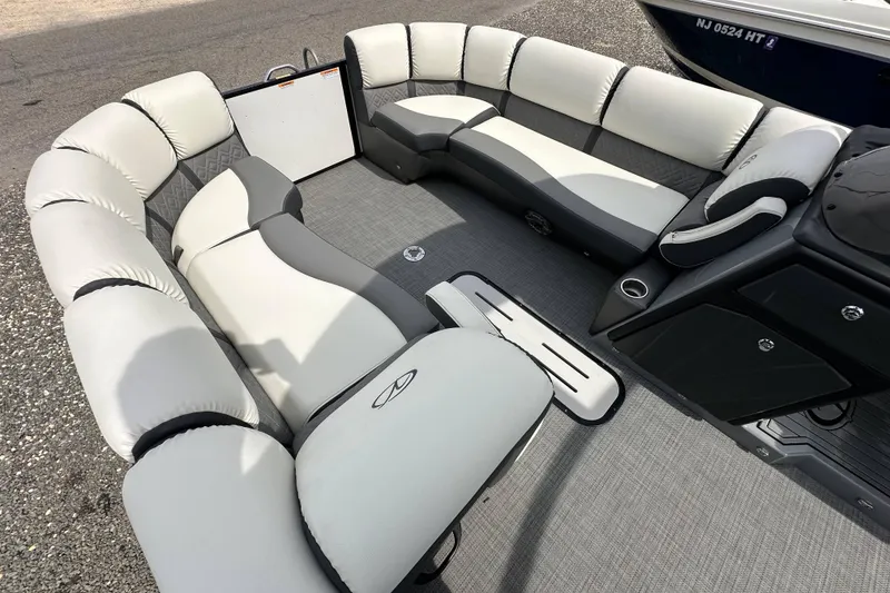 Slide: The Image of Luxurious seating on the 2024 Veranda VP Tower 25 RCT pontoon boat, featuring plush upholstery. - 33