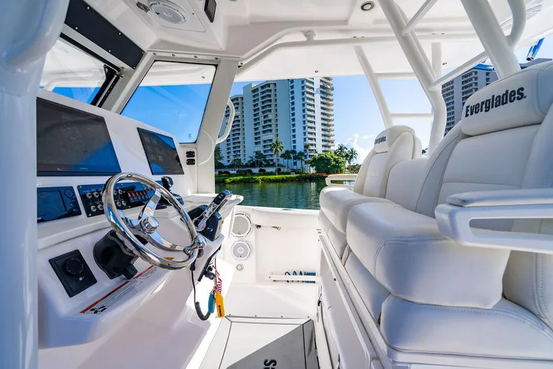 Slide: The Image of Interior of a 2019 Everglades 355 Center Console boat with modern features. - 23