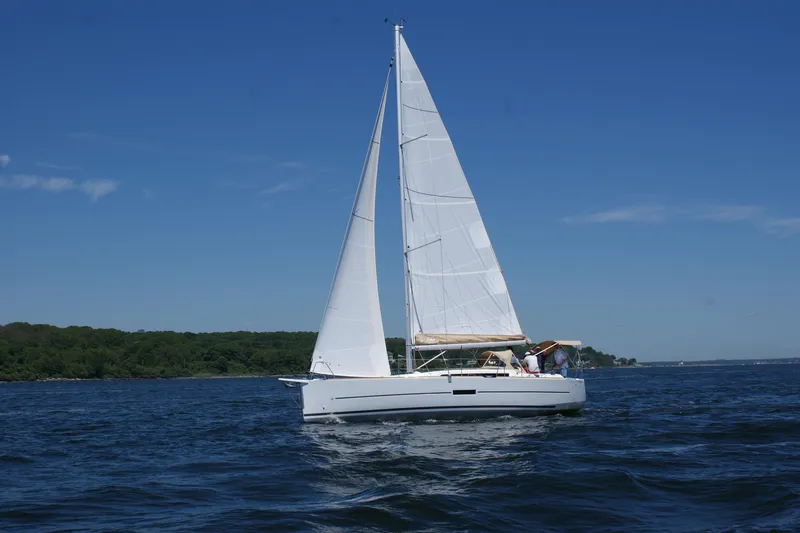 Slide: The Image of 2017 Dufour 350 Grand Large sailboat on open water under clear blue sky. - 3