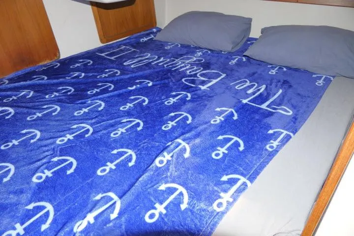 Slide: The Image of Cozy cabin bed in 2001 Catalina 310 with nautical-themed anchor blanket. - 15