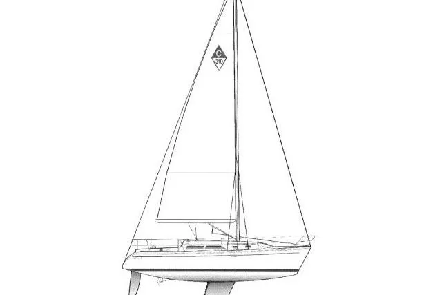 Slide: The Image of Line drawing of a 2001 Catalina 310 sailboat, showcasing its sleek design and sail configuration. - 44