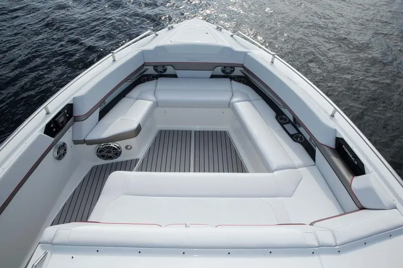 Slide: The Image of Manufacturer Provided Image: 2019 Formula 430 Super Sport Crossover boat interior with white seating and gray flooring. - 8