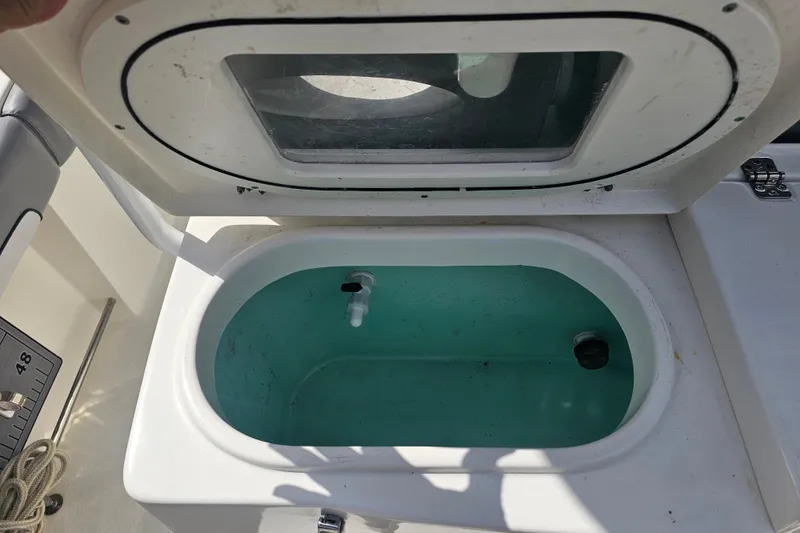 Slide: The Image of Open storage compartment on 2022 NauticStar 28 XS boat, featuring hydraulic supports. - 34