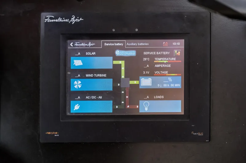 Slide: The Image of Control panel of a 2014 Fountaine Pajot Helia 44 catamaran, displaying battery and energy sources. - 12
