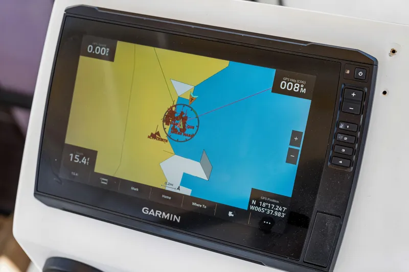 Slide: The Image of Garmin navigation display on 2014 Fountaine Pajot Helia 44 catamaran, showing nautical chart. - 13
