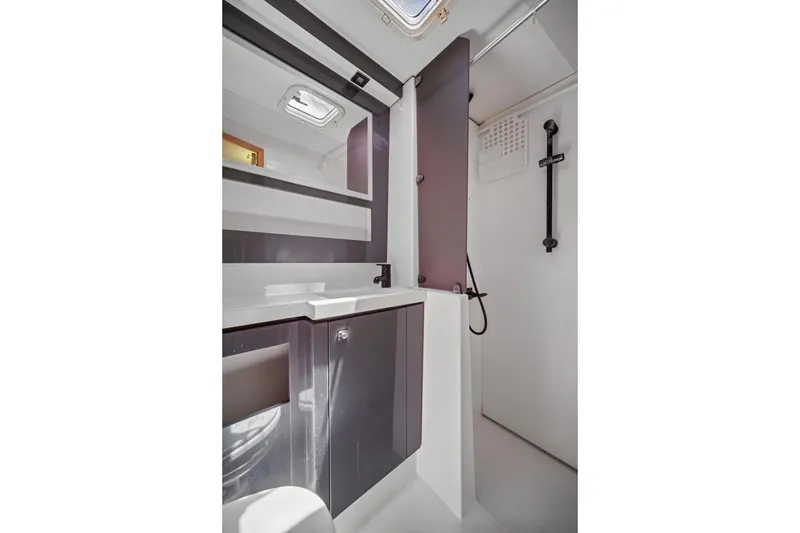 Slide: The Image of Modern bathroom interior of 2014 Fountaine Pajot Helia 44 catamaran, featuring sleek design elements. - 30