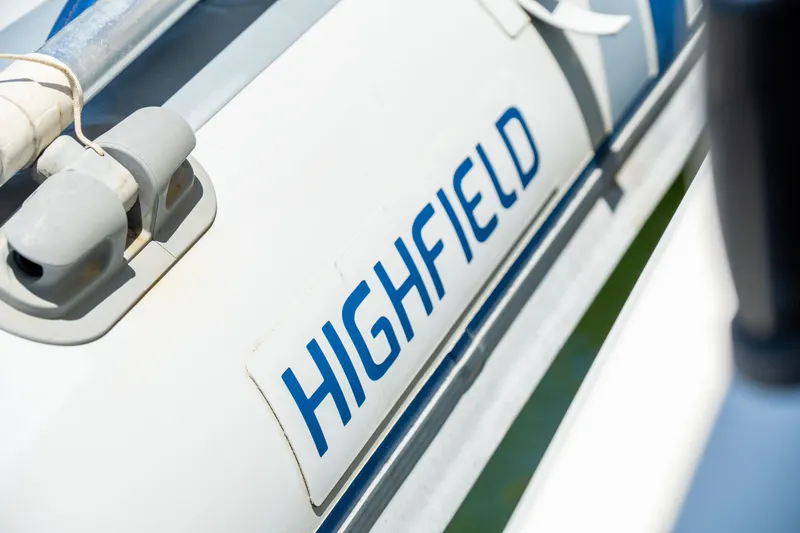 Slide: The Image of Close-up of Highfield branding on a 2014 Fountaine Pajot Helia 44 yacht. - 46