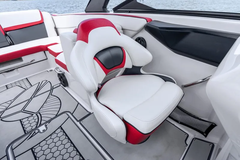 Slide: The Image of 2017 Scarab 255 H.O. Impulse boat interior with red and white seating. - 10