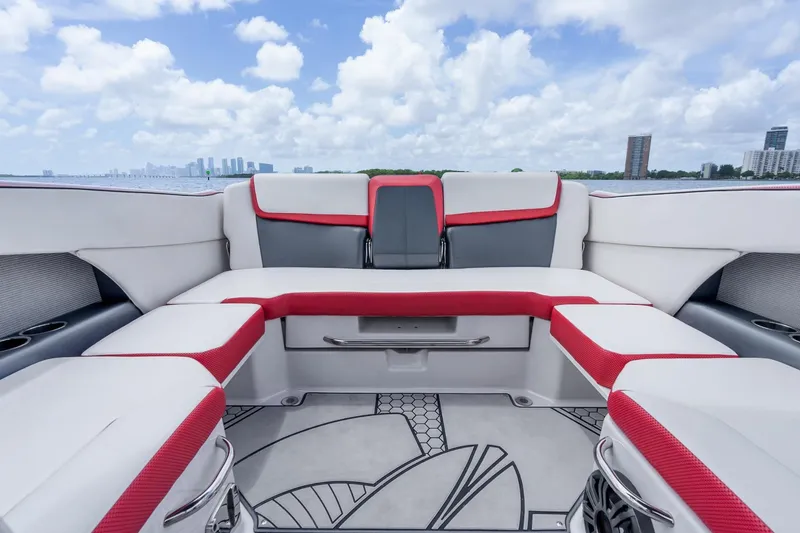 Slide: The Image of Interior of 2017 Scarab 255 H.O. Impulse boat with red and white seating. - 20