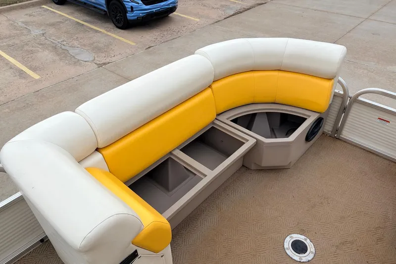 Slide: The Image of 2008 Sun Tracker Party Barge 21 Signature Series with yellow and white seating. - 20