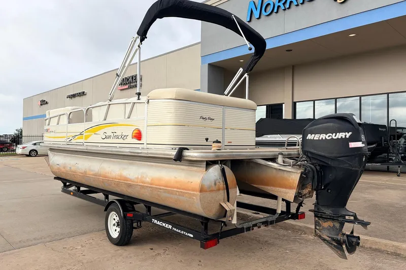 Slide: The Image of 2008 Sun Tracker Party Barge 21 Signature Series pontoon boat with Mercury engine on trailer. - 8