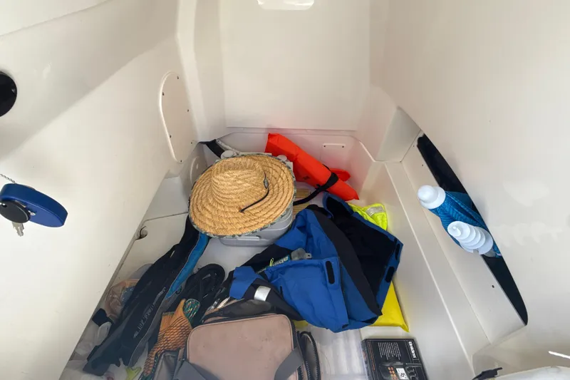 Slide: The Image of Storage compartment of 2023 Boston Whaler 220 Dauntless with boating gear and accessories. - 20