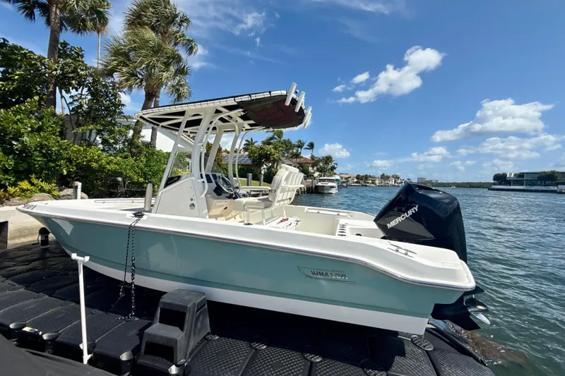 Slide: The Image of 2023 Boston Whaler 220 Dauntless boat docked by a scenic waterfront under a clear blue sky. - 3