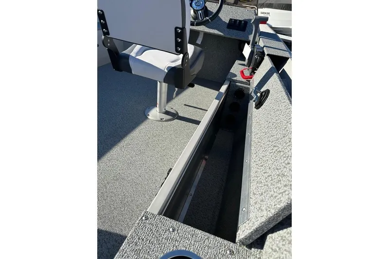Slide: The Image of 2026 Smoker Craft Angler 16 SC boat interior with seating and storage compartments. - 7