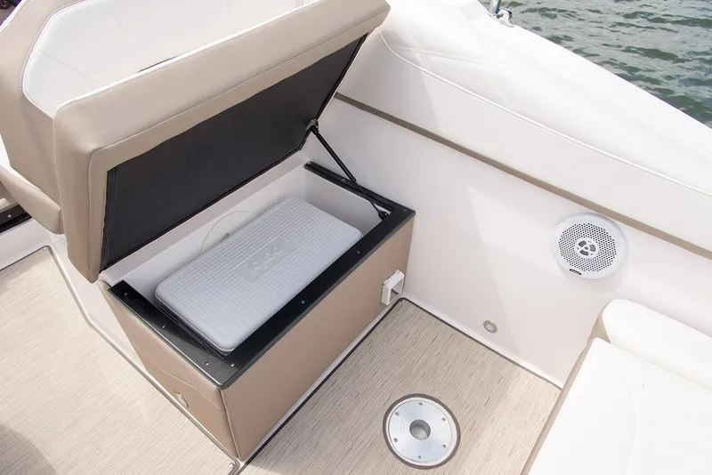 Slide: The Image of Manufacturer Provided Image: 2025 Regal 26 Express boat interior with storage compartment and speaker. - 10
