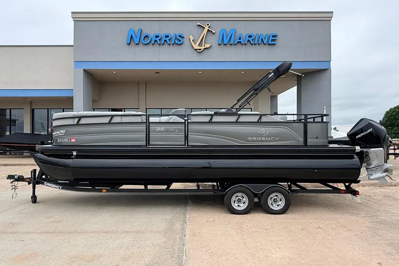 The Image of 2022 Regency 250 DL3 pontoon boat on trailer at Norris Marine dealership. - 1