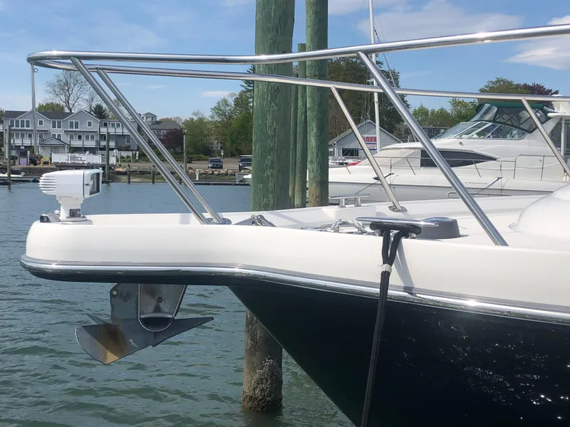 Slide: The Image of 2009 Tiara Yachts 4300 Sovran docked, close-up of bow. - 39