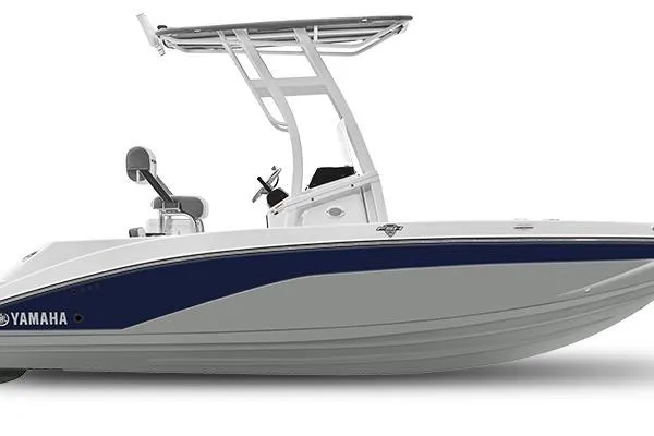 The Image of 2026 Yamaha Boats 195 FSH Sport, sleek design, side view, white and blue color scheme. - 0