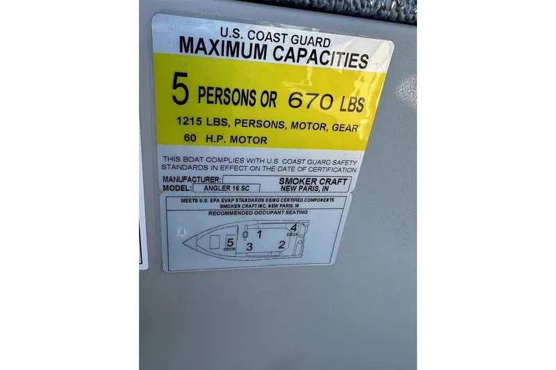 Slide: The Image of U.S. Coast Guard capacity label for 2026 Smoker Craft Angler 16 SC boat. - 12