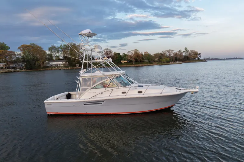 Slide: The Image of 2000 Pursuit 3400 Express boat on calm water, with scenic shoreline background. - 10