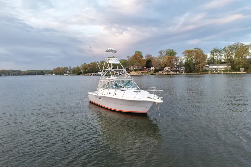 Slide: The Image of 2000 Pursuit 3400 Express boat anchored on a calm lake with scenic shoreline. - 32