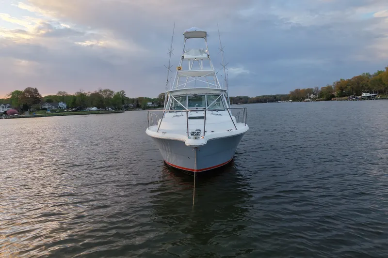 Slide: The Image of 2000 Pursuit 3400 Express boat on calm water at sunset. - 7