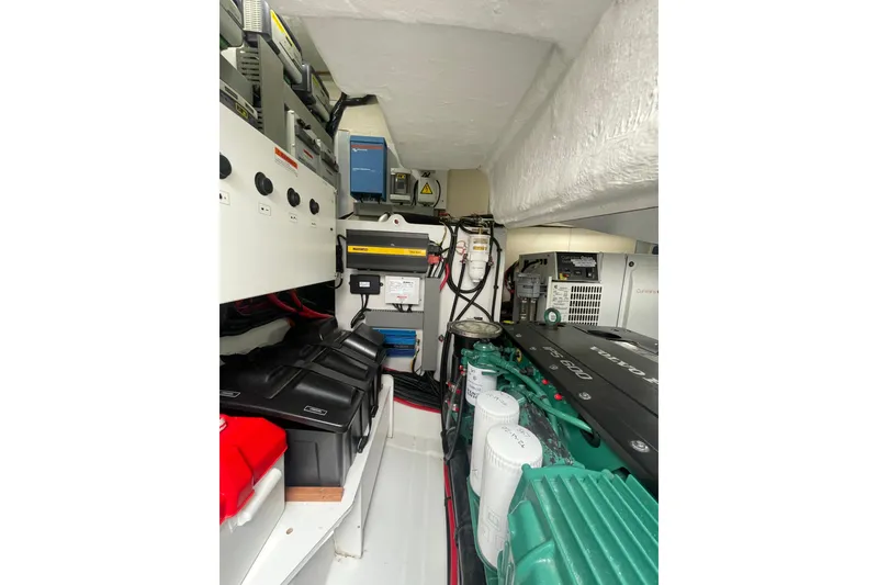 Slide: The Image of Engine room of 2017 Jeanneau Leader 46 yacht, featuring Volvo Penta components and electrical systems. - 60