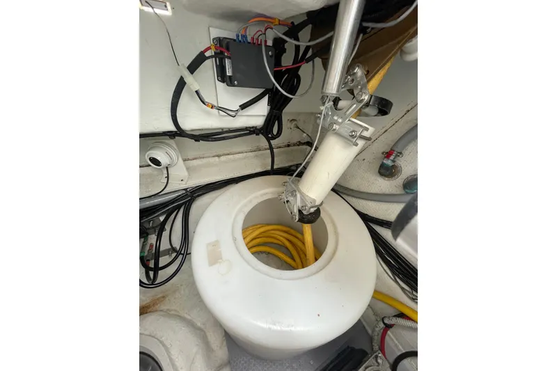 Slide: The Image of Engine compartment of a 2017 Jeanneau Leader 46 boat, showing wiring and components. - 67