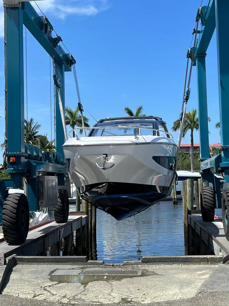 Slide: The Image of 2024 Azimut Verve 42 yacht in dry dock, ready for launch. - 2
