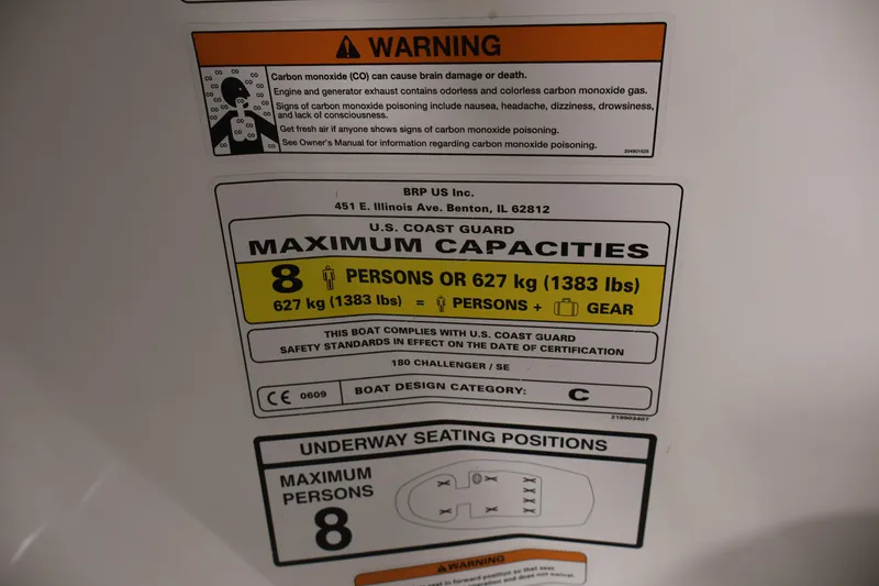 Slide: The Image of 2011 Sea-Doo Challenger 180 capacity label, warning of carbon monoxide risks, max 8 persons or 627 kg. - 20