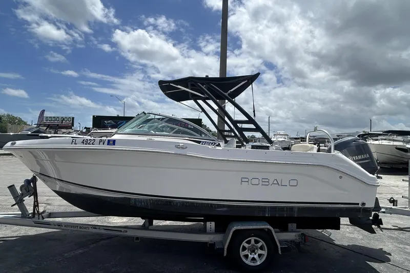 The Image of 2014 Robalo R207 Dual Console boat on trailer under cloudy sky. - 1