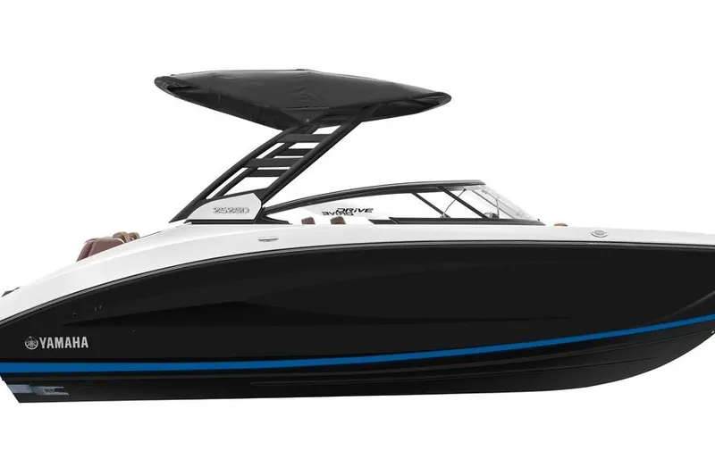 The Image of 2026 Yamaha Boats 252SD, sleek black design with blue accent, modern canopy. - 0