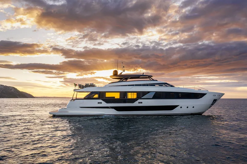 The Image of Ferretti Yachts 1000 2027 at sunset on the sea. - 0