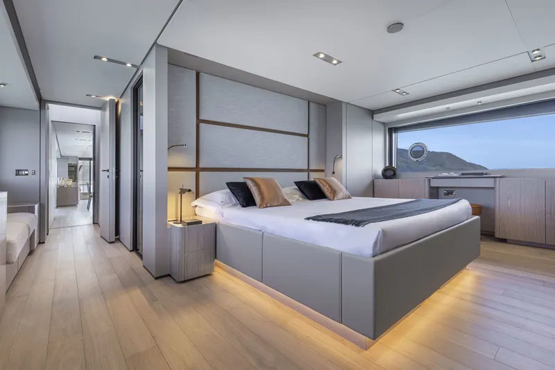 Slide: The Image of Luxurious bedroom on the Ferretti Yachts 1000, model year 2027. - 16