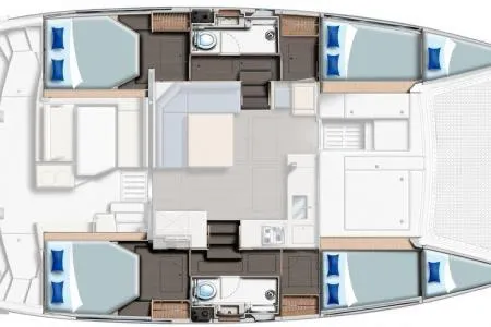 Slide: The Image of Floor plan of a 2017 Leopard 40 catamaran, featuring cabins and bathrooms. - 121